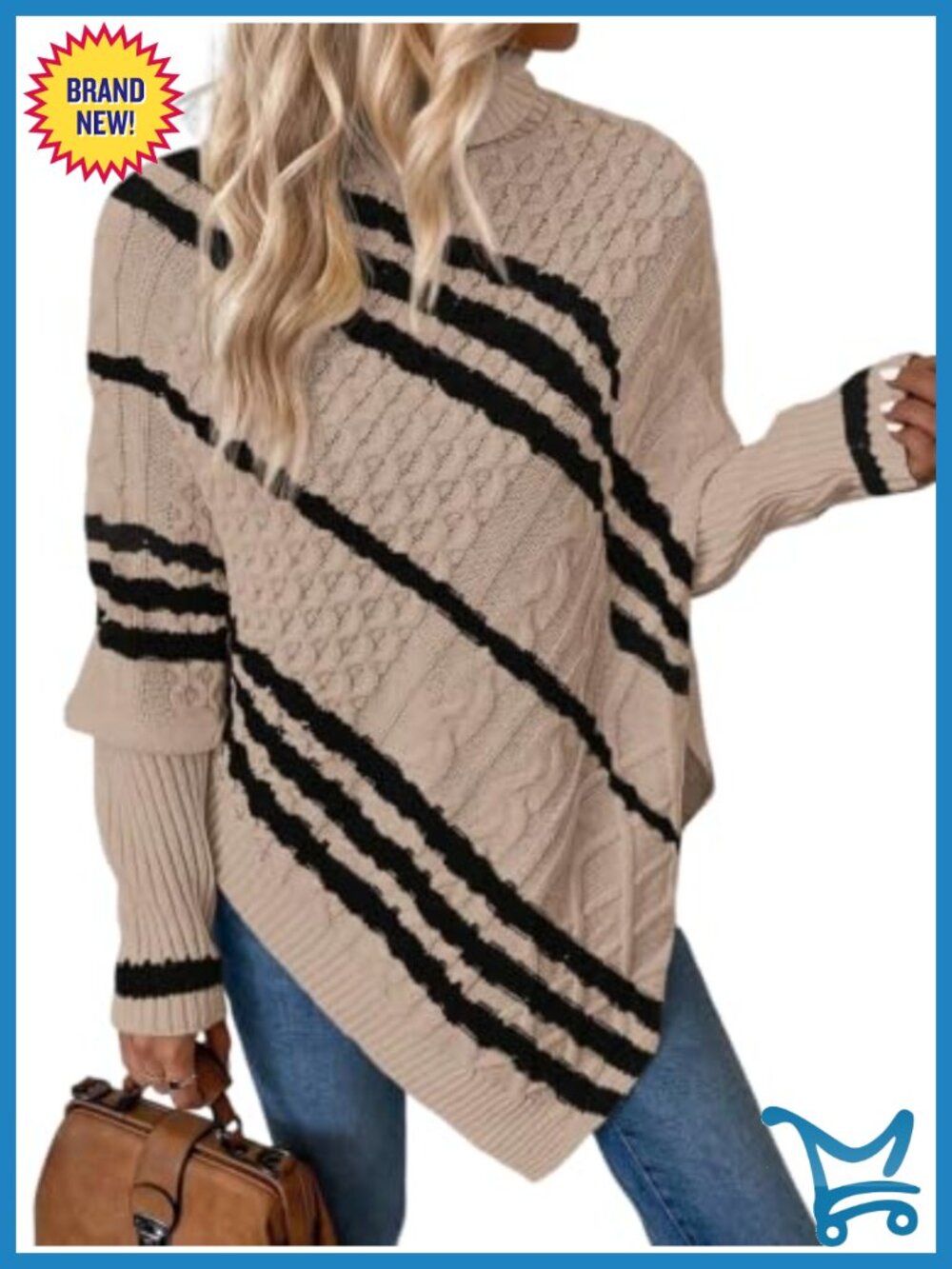 Women's Cable Knit Turtleneck Poncho Sweater Batwing Loose Fit
